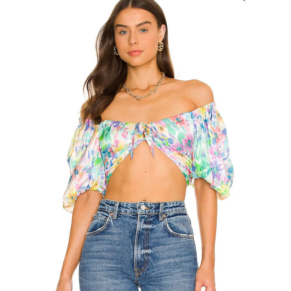 For Love & lemons Tops - For Love and Lemons Colourful Puff Sleeve Crop Top S